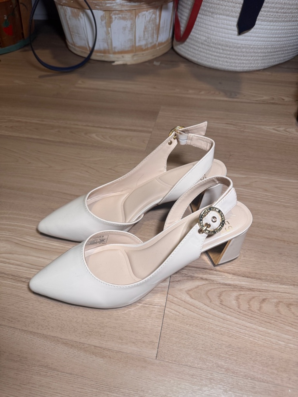 Jones New York Ivory Pointed Slingback Block Heels with Gold Buckle